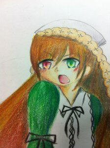 Rating: Safe Score: 0 Tags: 1girl black_ribbon brown_hair dress frills green_dress green_eyes hat heterochromia image long_hair long_sleeves looking_at_viewer open_mouth red_eyes simple_background solo suiseiseki traditional_media upper_body very_long_hair User: admin