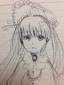 Rating: Safe Score: 0 Tags: 1girl bangs bow bowtie eyebrows_visible_through_hair flower frills holding_umbrella image long_hair looking_at_viewer monochrome parted_lips shinku sketch solo traditional_media twintails umbrella upper_body User: admin