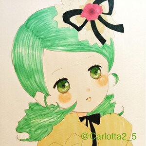 Rating: Safe Score: 0 Tags: 1girl artist_name bow brown_background flower graphite_(medium) green_eyes green_hair image kanaria looking_at_viewer marker_(medium) parted_lips portrait ribbon simple_background solo traditional_media User: admin