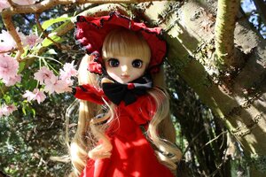 Rating: Safe Score: 0 Tags: 1girl blonde_hair bonnet bow capelet doll dress flower forest long_hair long_sleeves looking_at_viewer nature outdoors red_dress shinku solo tree very_long_hair User: admin