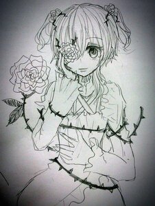 Rating: Safe Score: 0 Tags: 1girl eyepatch flower image kirakishou looking_at_viewer monochrome rose short_hair short_sleeves skirt smile solo traditional_media twintails User: admin