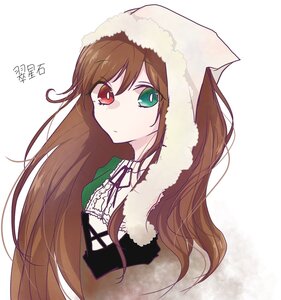 Rating: Safe Score: 0 Tags: 1girl bangs brown_hair closed_mouth dress eyebrows_visible_through_hair fur_trim green_eyes heterochromia image long_hair looking_at_viewer neck_ribbon red_eyes ribbon simple_background solo striped suiseiseki upper_body white_background User: admin