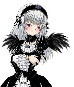 Rating: Safe Score: 0 Tags: 1girl black_wings blush cowboy_shot detached_collar dress frilled_sleeves frills hairband image long_hair long_sleeves looking_at_viewer pink_eyes silver_hair simple_background solo suigintou white_background wings User: admin