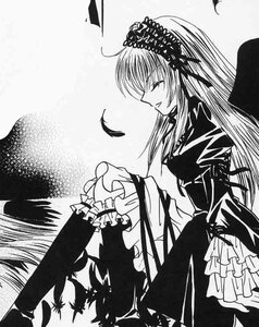 Rating: Safe Score: 0 Tags: 1girl dress feathers frills greyscale hairband image long_hair long_sleeves monochrome profile sitting smile solo suigintou very_long_hair wings User: admin