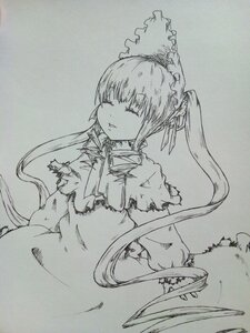 Rating: Safe Score: 0 Tags: 1girl bonnet closed_eyes dress image long_hair monochrome shinku solo torn_clothes traditional_media twintails User: admin