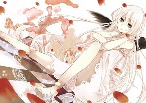 Rating: Safe Score: 0 Tags: 1girl argyle argyle_background barefoot checkered checkered_background checkered_floor dress image long_hair petals red_eyes solo suigintou very_long_hair white_hair wings User: admin