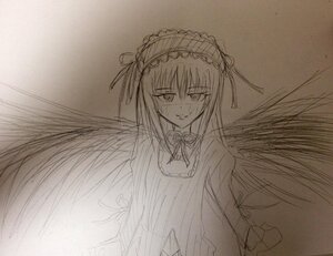 Rating: Safe Score: 0 Tags: 1girl choker dress hairband image lolita_hairband long_hair long_sleeves looking_at_viewer monochrome solo suigintou traditional_media upper_body very_long_hair wings User: admin