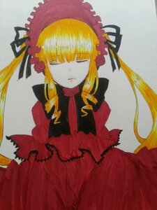 Rating: Safe Score: 0 Tags: 1girl blonde_hair bonnet bow closed_eyes dress drill_hair flower image long_hair long_sleeves marker_(medium) red_dress shinku simple_background solo traditional_media twintails User: admin