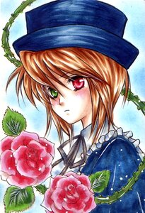 Rating: Safe Score: 0 Tags: 1girl blue_dress blue_headwear brown_hair flower green_eyes hat heterochromia image looking_at_viewer marker_(medium) pink_flower pink_rose plant red_eyes red_flower red_rose rose short_hair solo souseiseki traditional_media white_background User: admin