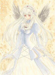 Rating: Safe Score: 0 Tags: 1girl black_wings dress feathered_wings flower frills hairband image juliet_sleeves long_hair long_sleeves looking_at_viewer puffy_sleeves red_eyes ribbon rose smile solo suigintou traditional_media watercolor_(medium) white_hair wings yellow_background User: admin