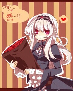 Rating: Safe Score: 0 Tags: 1girl black_dress bouquet commentary_request dress flower frills hairband hall_jion heart image juliet_sleeves lolita_fashion long_hair long_sleeves looking_at_viewer purple_eyes red_eyes red_flower red_rose rose rozen_maiden silver_hair solo spoken_heart striped striped_background suigintou vertical_stripes white_hair User: admin