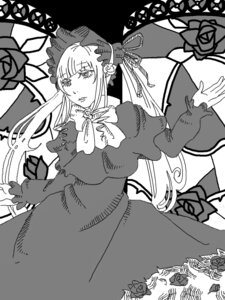 Rating: Safe Score: 0 Tags: 1girl bonnet dress flower greyscale image long_hair long_sleeves monochrome red_flower red_rose rose shinku solo suigintou thorns twintails User: admin