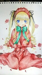 Rating: Safe Score: 0 Tags: 1girl blonde_hair blue_eyes bonnet bow bowtie capelet dress flower green_bow image long_hair long_sleeves looking_at_viewer marker_(medium) pink_rose rose shinku solo traditional_media twintails User: admin