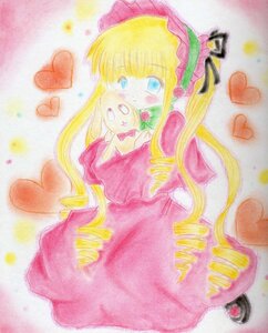 Rating: Safe Score: 0 Tags: 1girl blonde_hair blue_eyes blush bonnet bow dress drill_hair heart heart_background image long_hair long_sleeves rose shinku solo traditional_media twintails very_long_hair User: admin