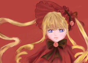 Rating: Safe Score: 0 Tags: 1girl blonde_hair blue_eyes bonnet bow bowtie drill_hair flower green_bow image long_hair looking_at_viewer pink_rose red_dress rose shinku simple_background solo twintails User: admin