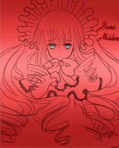 Rating: Safe Score: 0 Tags: 1girl bow dress drill_hair frills hat image long_hair long_sleeves looking_at_viewer monochrome red_background red_theme shinku solo twintails very_long_hair User: admin