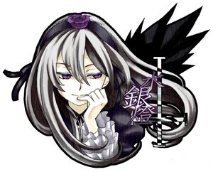 Rating: Safe Score: 0 Tags: 1girl flower frills hairband image long_hair looking_at_viewer purple_eyes purple_flower purple_rose rose silver_hair simple_background smile solo striped suigintou white_background wings User: admin