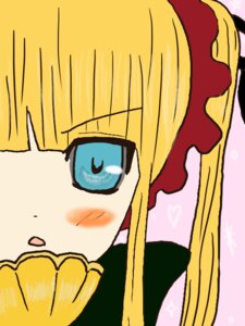 Rating: Safe Score: 0 Tags: 1girl bangs blonde_hair blue_eyes blunt_bangs blush blush_stickers bow dress drill_hair eyebrows_visible_through_hair face image long_hair portrait shinku sidelocks simple_background solo User: admin