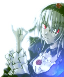 Rating: Safe Score: 0 Tags: 1girl detached_collar dress flower frills hairband image lolita_hairband long_hair long_sleeves looking_at_viewer red_eyes red_flower red_rose rose simple_background solo suigintou upper_body User: admin