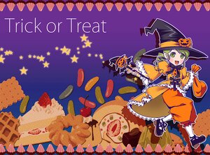 Rating: Safe Score: 0 Tags: 1girl candy food green_eyes green_hair halloween happy_halloween hat image jack-o'-lantern kanaria open_mouth pumpkin smile solo star_(symbol) witch_hat User: admin
