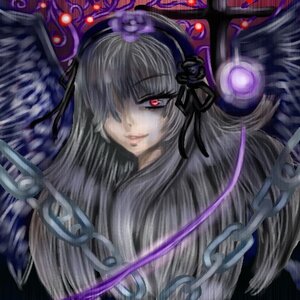 Rating: Safe Score: 0 Tags: 1girl black_wings blunt_bangs dress feathered_wings feathers hairband image lolita_hairband long_hair looking_at_viewer red_eyes ribbon silver_hair solo suigintou wings User: admin