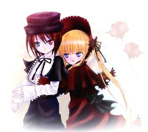 Rating: Safe Score: 0 Tags: 2girls blonde_hair blue_eyes bonnet brown_hair dress hat heterochromia hug image long_hair long_sleeves looking_at_viewer multiple_girls pair red_dress shinku souseiseki twintails User: admin