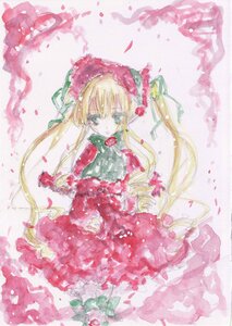 Rating: Safe Score: 0 Tags: 1girl blonde_hair blue_eyes bonnet bow bowtie cup dress flower image long_hair long_sleeves looking_at_viewer petals red_dress shinku solo traditional_media twintails very_long_hair watercolor_(medium) User: admin