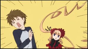 Rating: Safe Score: 0 Tags: 1boy 1girl >_< blonde_hair blue_eyes bonnet bowtie brown_hair drill_hair image long_hair long_sleeves open_mouth ribbon shinku simple_background solo twin_drills twintails very_long_hair yellow_background User: admin
