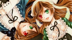 Rating: Safe Score: 0 Tags: 2girls :d black_ribbon brown_hair dress frills green_dress green_eyes hat head_scarf heterochromia image long_hair long_sleeves multiple_girls open_mouth pair red_eyes ribbon short_hair siblings sisters smile souseiseki suiseiseki traditional_media twins User: admin