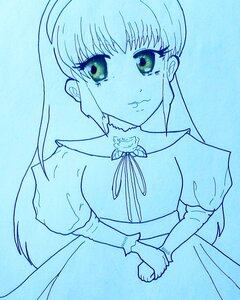 Rating: Safe Score: 0 Tags: 1girl aqua_theme bangs blue_background blue_theme dress eyebrows_visible_through_hair hands_together image juliet_sleeves long_hair long_sleeves looking_at_viewer monochrome own_hands_together puffy_short_sleeves puffy_sleeves ribbon shinku short_sleeves solo v_arms User: admin