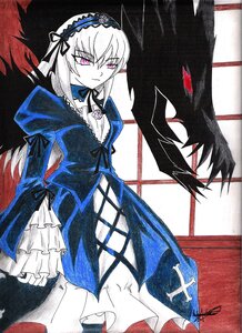 Rating: Safe Score: 0 Tags: 1girl black_wings dress feathers frills hairband image long_hair long_sleeves looking_at_viewer marker_(medium) millipen_(medium) ribbon smile solo suigintou traditional_media wings User: admin