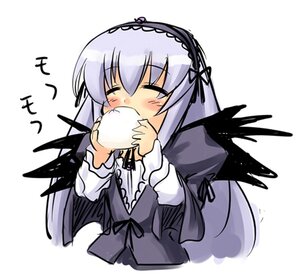 Rating: Safe Score: 0 Tags: 1girl black_ribbon black_wings blush closed_eyes dress eating food frilled_sleeves frills hairband holding image lolita_hairband long_hair long_sleeves ribbon silver_hair simple_background solo suigintou upper_body white_background wings User: admin