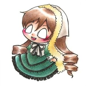 Rating: Safe Score: 0 Tags: 1girl :d brown_hair chibi dress frills full_body green_dress image long_hair long_sleeves open_mouth ribbon simple_background smile solo suiseiseki white_background User: admin