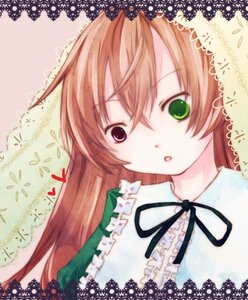 Rating: Safe Score: 0 Tags: 1girl :o black_ribbon brown_hair green_eyes heterochromia image long_hair looking_at_viewer neck_ribbon ribbon solo suiseiseki User: admin