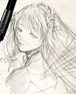 Rating: Safe Score: 0 Tags: 1girl bangs flower greyscale hair_flower hair_ornament head_wreath image long_hair monochrome sketch solo suigintou upper_body User: admin