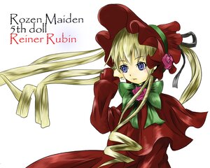 Rating: Safe Score: 0 Tags: 1girl blonde_hair blue_eyes bonnet bow bowtie dress drill_hair flower green_bow hat image long_hair long_sleeves looking_at_viewer red_dress shinku solo striped twin_drills twintails white_background User: admin