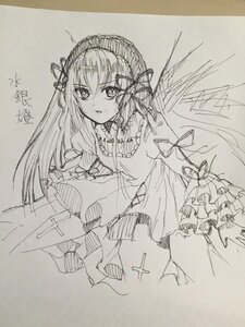 Rating: Safe Score: 0 Tags: 1girl dress frills hairband image lolita_hairband long_hair long_sleeves looking_at_viewer monochrome ribbon simple_background solo suigintou traditional_media wide_sleeves wings User: admin