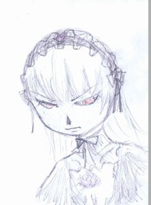 Rating: Safe Score: 0 Tags: 1girl bangs closed_mouth flower frills hairband image long_hair looking_at_viewer monochrome red_eyes rose simple_background solo suigintou white_background User: admin