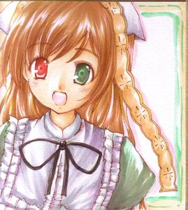 Rating: Safe Score: 0 Tags: 1girl :d braid brown_hair dress frills green_eyes heterochromia image long_hair open_mouth red_eyes ribbon solo suiseiseki traditional_media User: admin