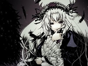 Rating: Safe Score: 0 Tags: 1girl black_wings dress feathers flower frilled_sleeves frills hairband image long_hair long_sleeves looking_at_viewer monochrome moon rose solo suigintou upper_body wings User: admin