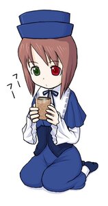 Rating: Safe Score: 0 Tags: 1girl blue_dress brown_hair cup dress full_body green_eyes hat heterochromia holding image long_sleeves looking_at_viewer red_eyes simple_background sitting solo souseiseki white_background User: admin