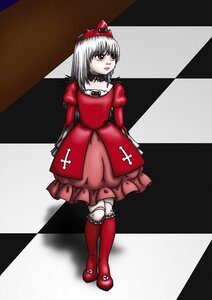 Rating: Safe Score: 0 Tags: 1girl argyle argyle_background argyle_legwear board_game boots checkered checkered_background checkered_floor chess_piece choker crossed_legs dress hat image knee_boots perspective red_dress red_eyes reflection solo suigintou tile_floor tiles User: admin