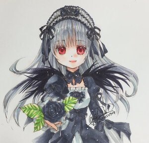 Rating: Safe Score: 0 Tags: 1girl bangs black_dress black_ribbon closed_mouth dress flower image long_hair long_sleeves looking_at_viewer red_eyes ribbon rose signature silver_hair simple_background smile solo suigintou traditional_media upper_body User: admin