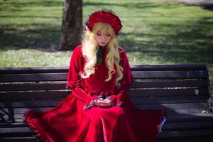 Rating: Safe Score: 0 Tags: 1girl blonde_hair blurry bonnet closed_mouth dress long_hair long_sleeves outdoors red_dress shinku solo User: admin