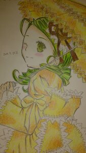 Rating: Safe Score: 0 Tags: 1girl closed_mouth flower from_side green_eyes green_hair hair_ornament image kanaria long_sleeves looking_at_viewer smile solo traditional_media upper_body watercolor_(medium) User: admin