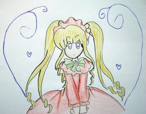 Rating: Safe Score: 0 Tags: 1girl blonde_hair blue_eyes bow bowtie dress green_bow heart image long_hair long_sleeves marker_(medium) photo shinku sidelocks solo traditional_media twintails v_arms User: admin