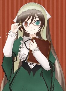 Rating: Safe Score: 0 Tags: 1girl book brown_hair dress frills glasses green_dress holding image long_hair long_sleeves looking_at_viewer smile solo striped striped_background suiseiseki vertical_stripes User: admin