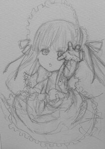 Rating: Safe Score: 0 Tags: 1girl dress frills greyscale image long_hair long_sleeves looking_at_viewer monochrome shinku sketch solo traditional_media User: admin