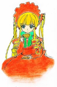 Rating: Safe Score: 0 Tags: 1girl artist_name bangs blonde_hair blue_eyes bonnet dress eyebrows_visible_through_hair image long_hair long_sleeves looking_at_viewer red_dress shinku simple_background solo traditional_media twintails white_background User: admin