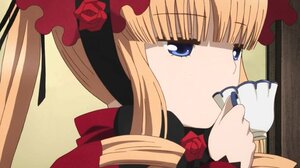 Rating: Safe Score: 0 Tags: 1girl bangs blonde_hair blue_eyes blunt_bangs bow cup flower hat image long_hair red_flower red_rose rose shinku solo teacup User: admin